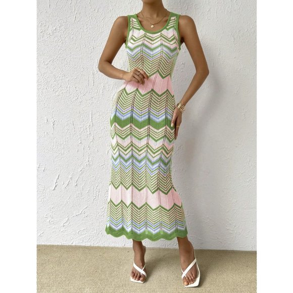 Boho Chevron Pattern Pointelle Knit Sweater Dress - Picture 2 of 6